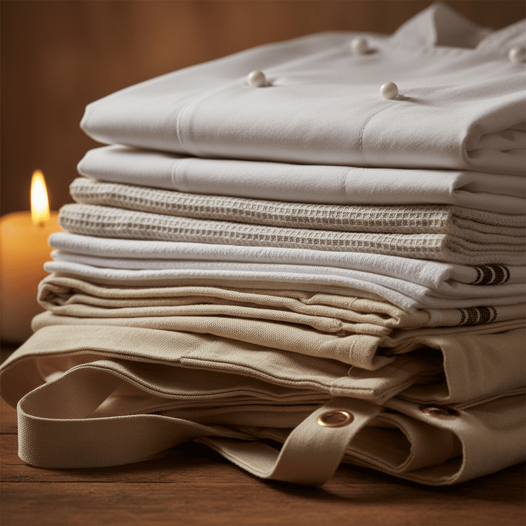 Folded commercial-grade kitchen towels and chef linens
