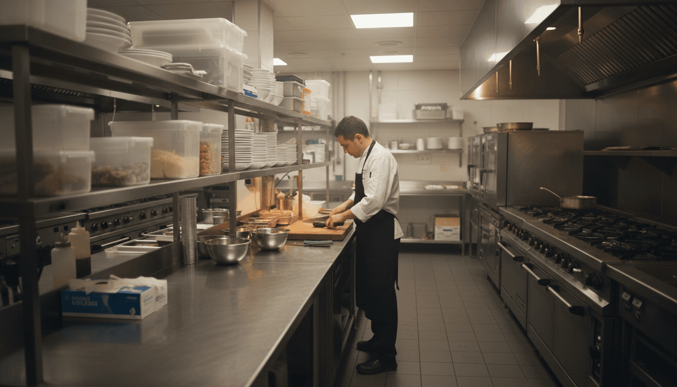 Commercial kitchen operator at prep station with organized supplies and equipment