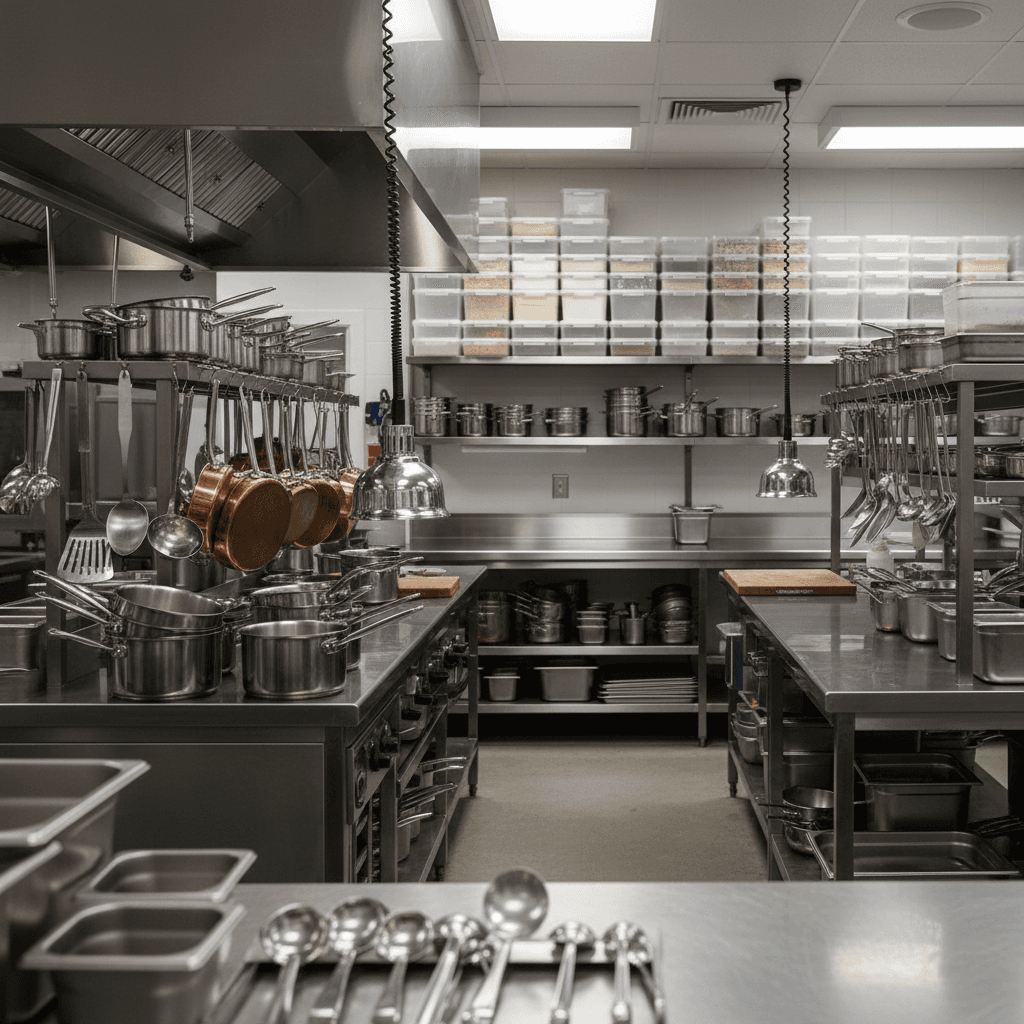 Organized commercial kitchen supplies and smallwares