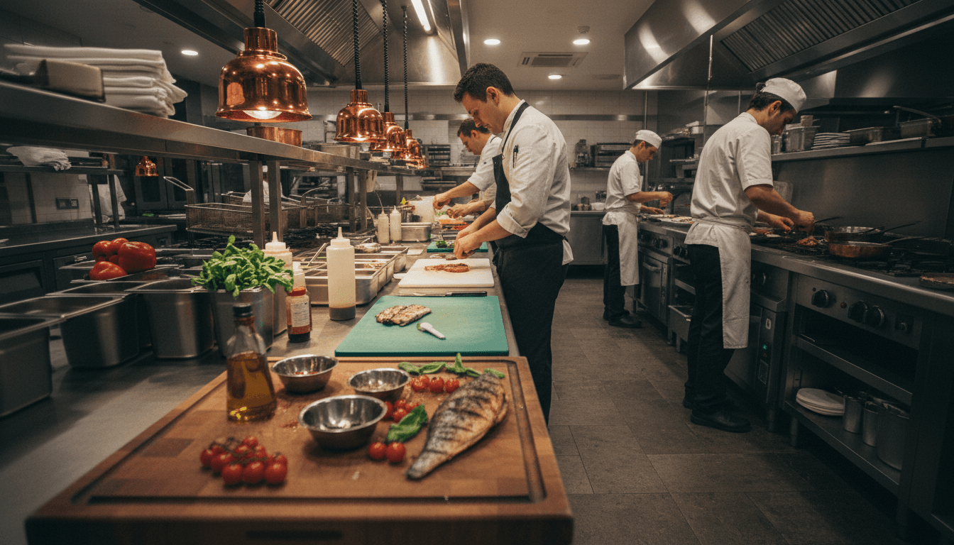 Busy commercial kitchen with chefs working at various stations