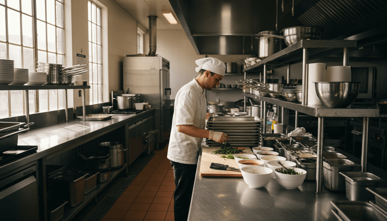 Commercial kitchen prep station with organized supplies and equipment