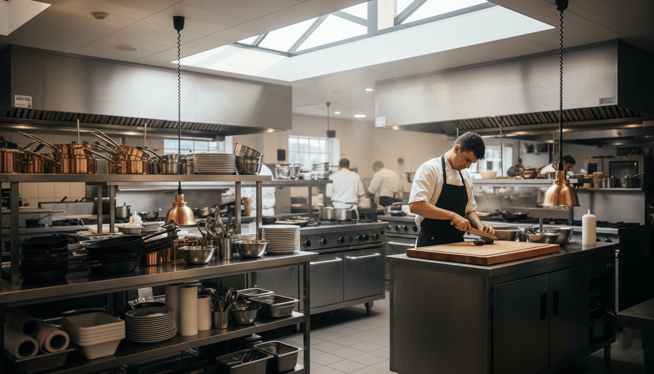 Professional commercial kitchen with organized supplies and chef at prep station