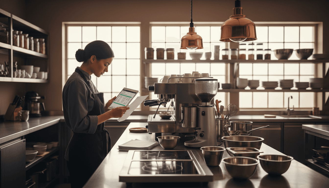 Commercial kitchen operator reviewing supplies at a clean prep counter
